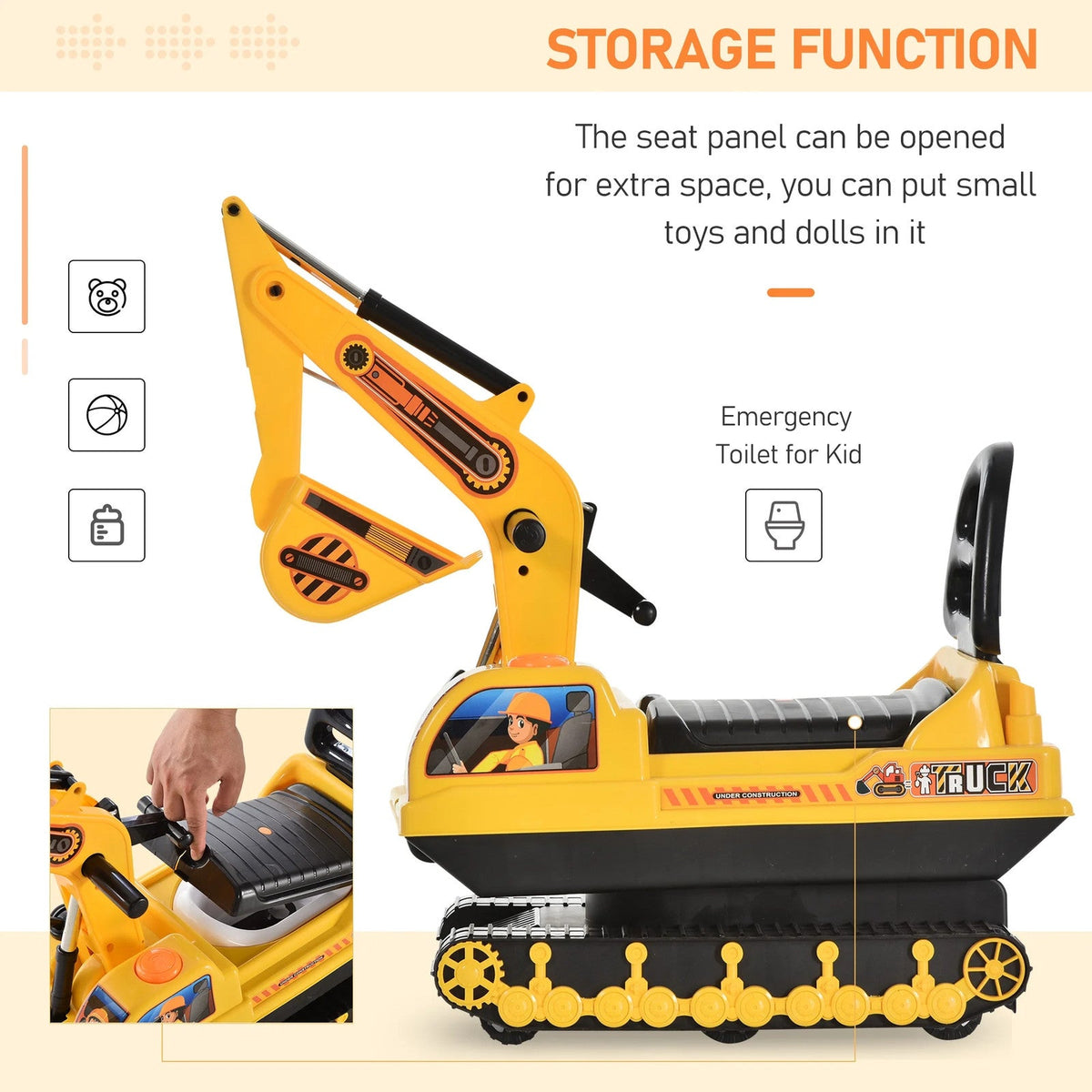 Movable Ride-On Excavator Toy Tractor Digger Scooter Walker for Toddler Pretend Play