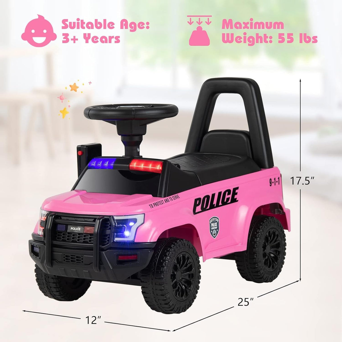 Toddler Ride-On Push Police Car Foot-to-Floor Sliding Toy with Siren