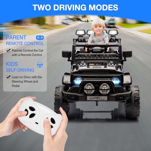 12V Electric Ride-On Truck with Remote Control, 3 Speeds, LED Lights, Black