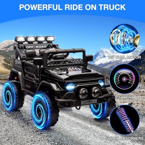 12V Electric Ride-On Truck with Remote Control, 3 Speeds, LED Lights, Black