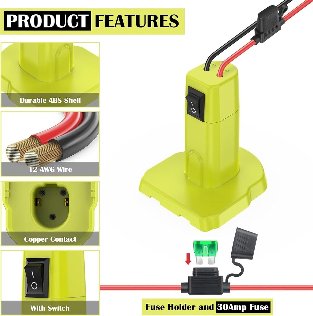 18V Power Wheels Battery Adapter Kit with 30A 12AWG Wire and Switch